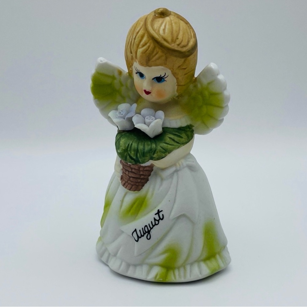 Price Products, Bisque, “August” Birthday Angel, Green/White/Gold, 4.25” Tall